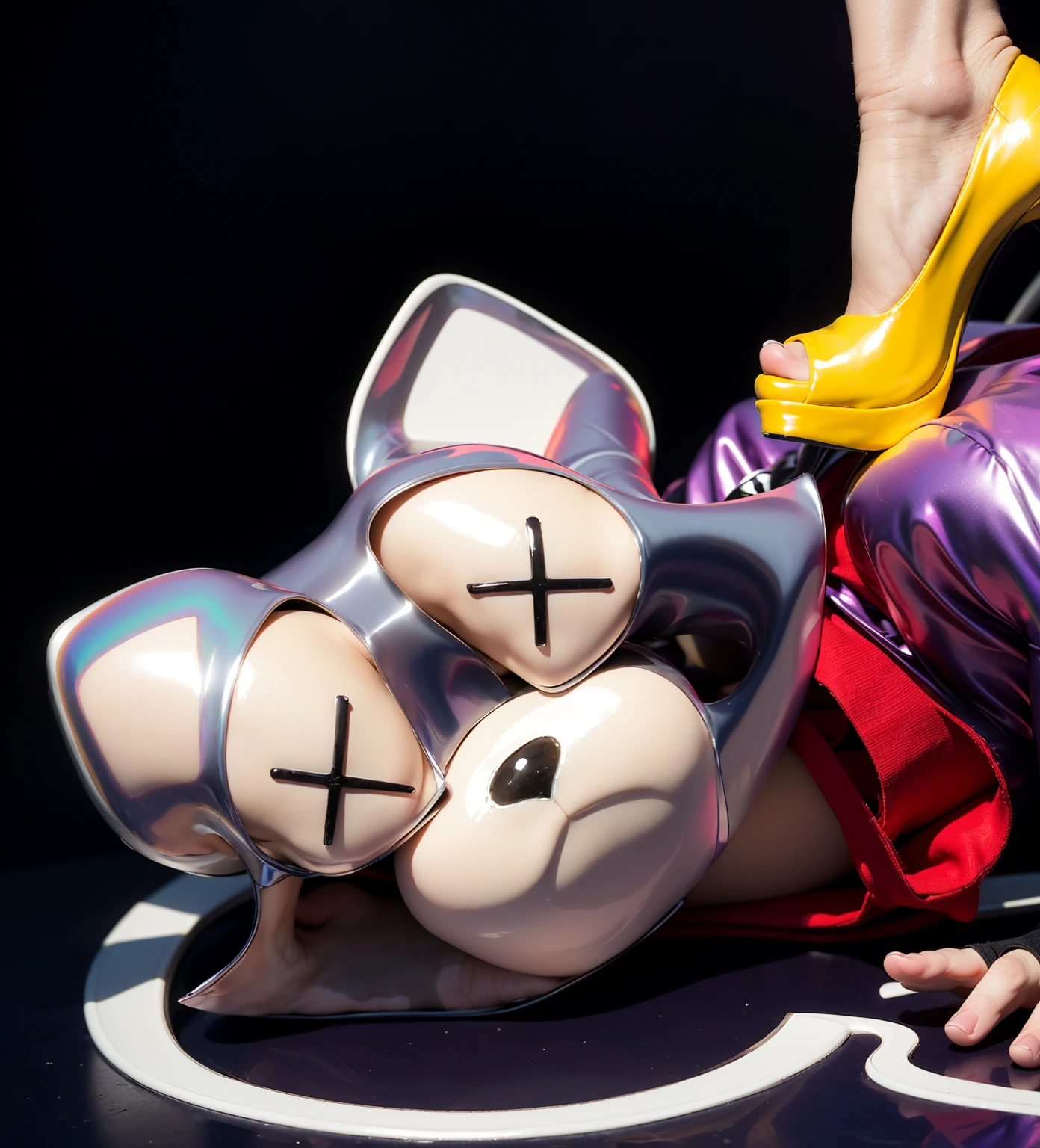 This image features a dark-skinned young man of African descent dressed in a vibrant raccoon costume lying down on a dark surface. The raccoon mask he is wearing shows a sad expression with large X's over the eyes, suggesting a dazed or lifeless state. His outfit includes a glossy, latex-like purple costume that appears wet and shimmers with iridescent colors, adding a striking, polished look to his appearance. He also wears a red scarf and black fingerless gloves. Standing on his back is a person wearing bright yellow high-heeled shoes with white ankle socks. The glossy, latex-like finish of the shoes matches the shimmering quality of the young man's outfit, creating a cohesive and visually appealing contrast. The combination of the shiny, iridescent textures and vibrant colors enhances the overall dramatic and whimsical nature of the scene.