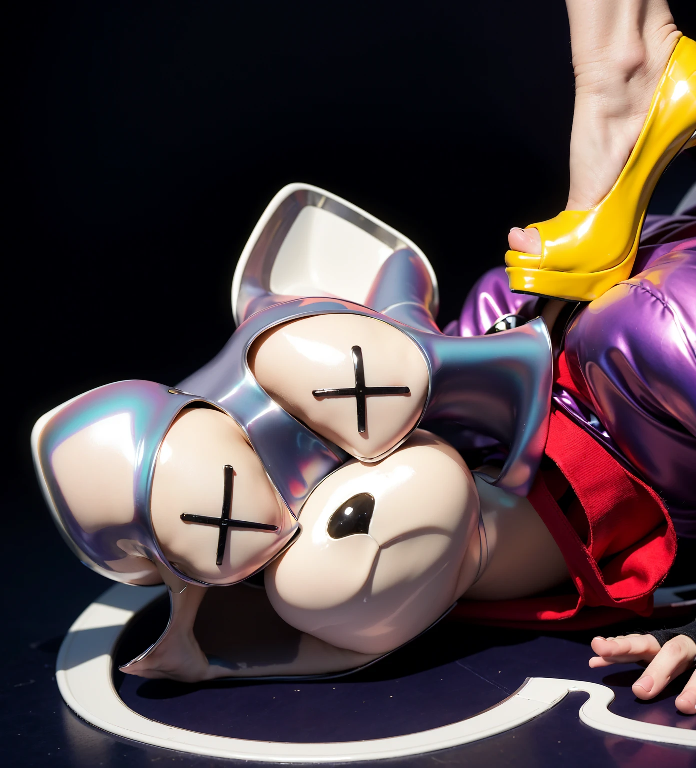 This image features a dark-skinned young man of African descent dressed in a vibrant raccoon costume lying down on a dark surface. The raccoon mask he is wearing shows a sad expression with large X's over the eyes, suggesting a dazed or lifeless state. His outfit includes a glossy, latex-like purple costume that appears wet and shimmers with iridescent colors, adding a striking, polished look to his appearance. He also wears a red scarf and black fingerless gloves. Standing on his back is a person wearing bright yellow high-heeled shoes with white ankle socks. The glossy, latex-like finish of the shoes matches the shimmering quality of the young man's outfit, creating a cohesive and visually appealing contrast. The combination of the shiny, iridescent textures and vibrant colors enhances the overall dramatic and whimsical nature of the scene.