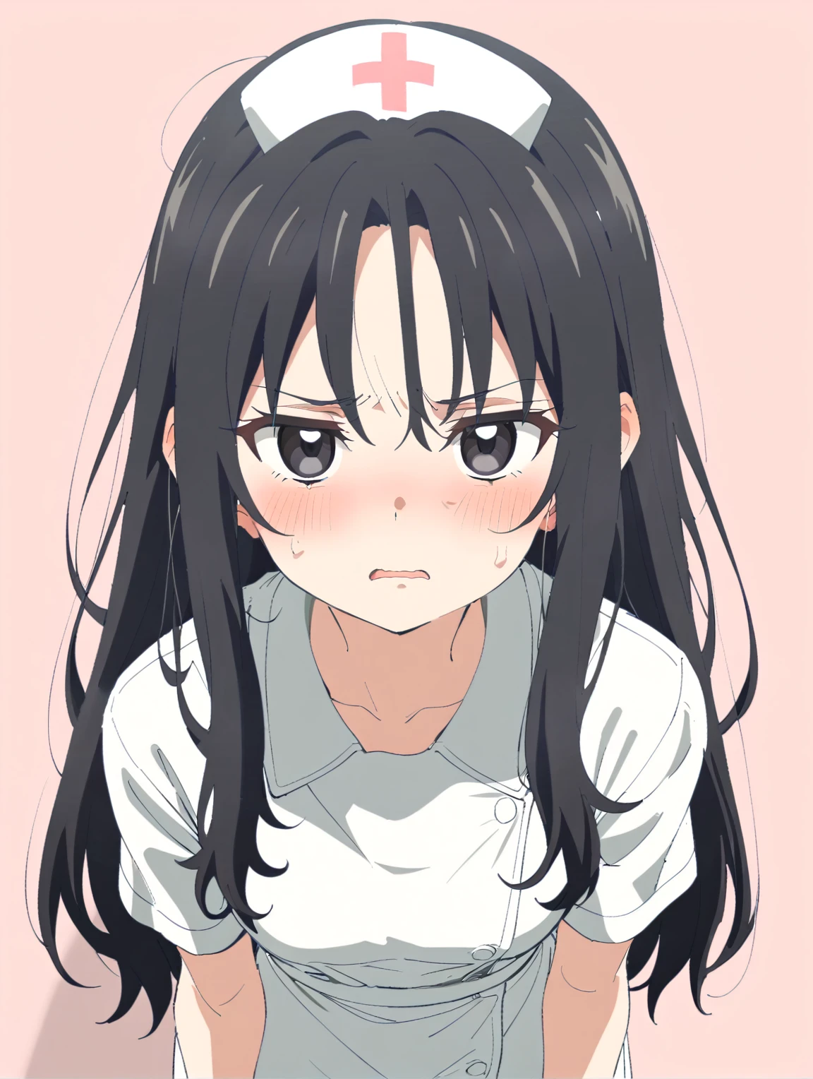 {{{sincos (sincos), girl, waist-length}}}, 1 girl, nurse, wear a medical gown, waist-length, black eyes, tired face, weak facial expressions. Hair gathered at the back of the head, hair ivory color, stands directly towards the viewer, looking at viewer. Fill the background with a small shadow from the character.