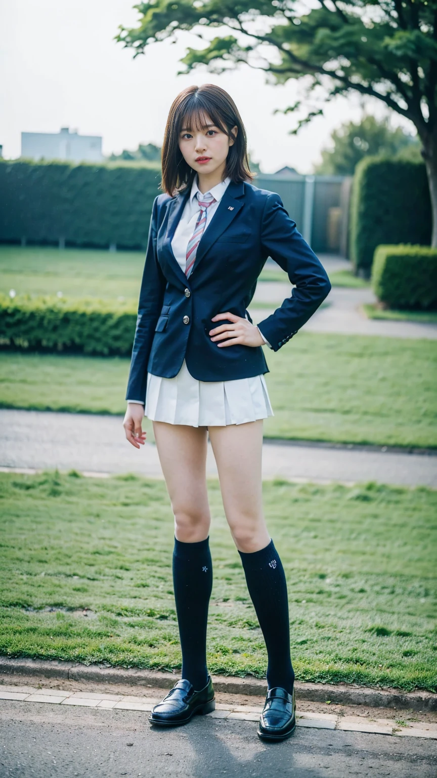 (8K、RAW Photos、Highest quality、masterpiece:1.2)、(Realistic、Realistic)、1 Girl、((blackチェックミニスカート、High school uniform、blazer、Navy Socks、loafers、Medium Hair、black、Thin legs、garden、View from the front、Looking into the camera、Stand with hands on hips))、cute