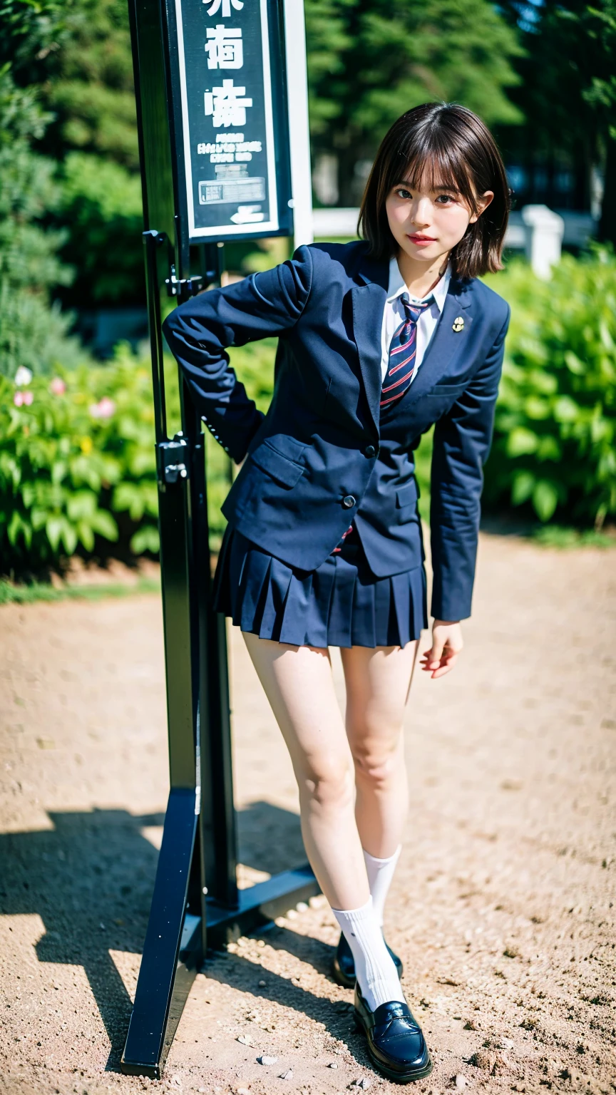 (8K、RAW Photos、Highest quality、masterpiece:1.2)、(Realistic、Realistic)、1 Girl、((blackチェックミニスカート、High school uniform、blazer、Navy Socks、loafers、Medium Hair、black、Thin legs、garden、View from the front、Looking into the camera、Stand with hands on hips))、cute