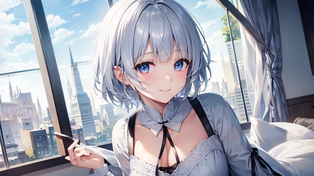 Ultra HD,Look at the viewers, Put your hands behind your back, With a girl, 20-year-old, 非常にShort Hair, Long bangs between the eyes, Pale blue eyes, Very detailed,(masterpiece、Highest quality),Gray Hair、Laughter、Fantastic, Silver Hair, Iris, Short hair、 Fluttering Hair、Small Face、明るいsmile、(Detailed face) ,Professional Lighting,Wonderful landscape,blue sky, sunlight,Looking down from above,Portraiture、Open your mouth、Flower Field、Her eyes were shining、Mysterious and enchanting atmosphere。With AI Painting、とてもShort Hair, Long bangs between the eyes, Very detailed,(masterpiece、Highest quality)、alone、Gray Hair、Fantasy, Silver Hair, Fantasyな風景、White shirt、smile、Open your mouth、short hair、Short Hair、hairpin、black eye、Grey Eyes、Beautiful Eyes、