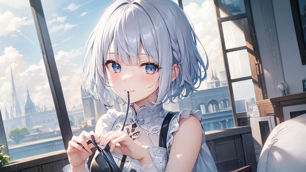 Ultra HD,Look at the viewers, Put your hands behind your back, With a girl, 20-year-old, 非常にShort Hair, Long bangs between the eyes, Pale blue eyes,  Very detailed,(masterpiece、Highest quality),Gray Hair、Laughter、Fantastic, Silver Hair, Iris,  Short hair、 Fluttering Hair、Small Face、明るいsmile、(Detailed face) ,Professional Lighting,Wonderful landscape,blue sky, sunlight,Looking down from above,Portraiture、Open your mouth、Flower Field、Her eyes were shining、Mysterious and enchanting atmosphere。With AI Painting、とてもShort Hair, Long bangs between the eyes, Very detailed,(masterpiece、Highest quality)、alone、Gray Hair、Fantasy, Silver Hair, Fantasyな風景、White shirt、smile、Open your mouth、short hair、Short Hair、hairpin、black eye、Grey Eyes、Beautiful Eyes、