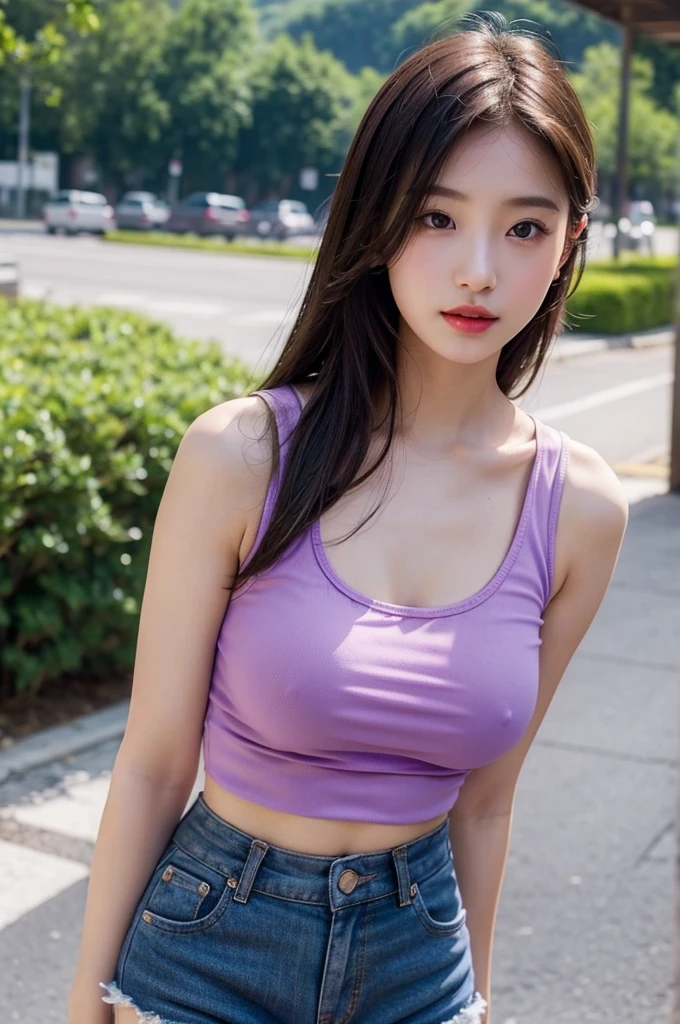 A very cute girl, solo, young, wearing purple tank top and short pants, big breasts, white and smooth skin, standing, long hairs, red lip, at mountain, realistic face