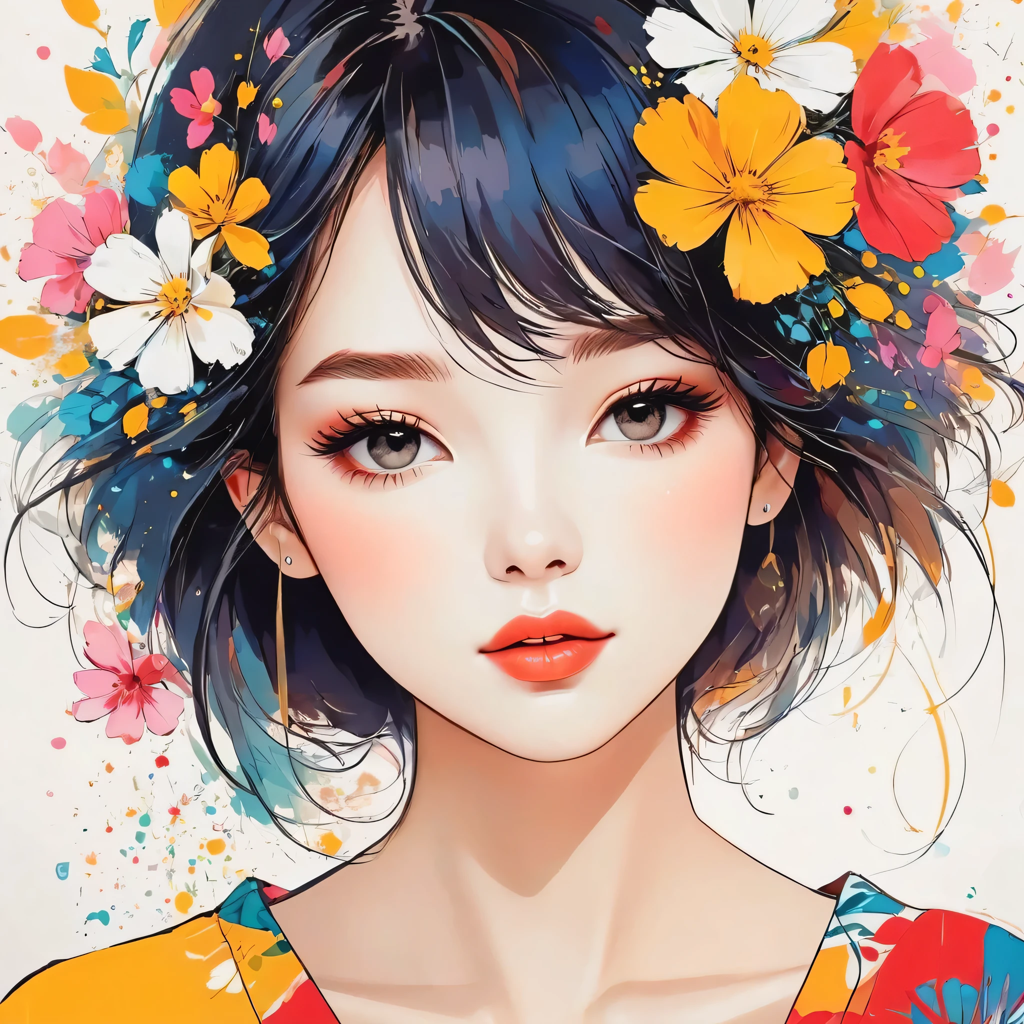 Mika Pikazo style, Simple Line Initialism,Abstract art,Urban Background, colorful flowers ,(((The most beautiful girl of all time))), Sweet face., Lips in love