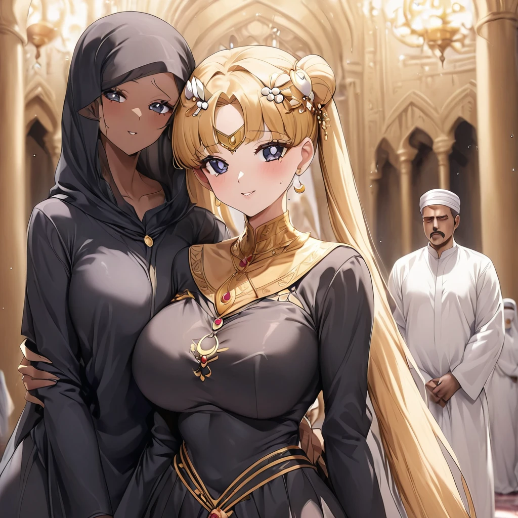 ((Highest quality)), ((masterpiece)), (detailed), (Perfect Face)、Women must wear black hijabs and niqabs、The woman is Tsukino Usagi, a devout Muslim., Arab with bright brown skin, In an Islamic prayer hall、She wears a gorgeous black abaya with gold embroidery.。, A gorgeous black hijab and niqab tightly covers her head, Gorgeous hair ornament, Gorgeous jewellery and engagement rings. The woman and the man are in a luxurious palace, And the woman、Wearing Arab national dress、In an Islamic prayer hall with a dignified bearded middle-aged Arab Muslim man。.、The woman is the elegant Tsukino Usagi, Her long blonde hair was tied in twin tails, Black abaya and、She is wearing a gorgeous, skin-tight black hijab and niqab.. She is a devout Muslim Arab with vibrant brown skin.。.、(The woman was named Tsukino Usagi.、He is a dark-skinned Arab and a devout Muslim.。.)
