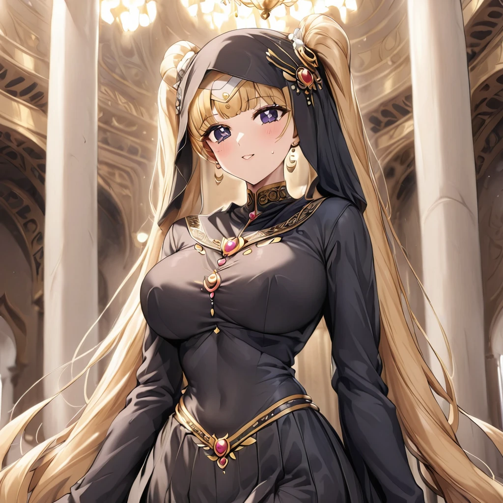((Highest quality)), ((masterpiece)), (detailed), (Perfect Face)、Women must wear black hijabs and niqabs、The woman is Tsukino Usagi, a devout Muslim., Arab with bright brown skin, In an Islamic prayer hall、She wears a gorgeous black abaya with gold embroidery.。, A gorgeous black hijab and niqab tightly covers her head, Gorgeous hair ornament, Gorgeous jewellery and engagement rings. The woman and the man are in a luxurious palace, And the woman、Wearing Arab national dress、In an Islamic prayer hall with a dignified bearded middle-aged Arab Muslim man。.、The woman is the elegant Tsukino Usagi, Her long blonde hair was tied in twin tails, Black abaya and、She is wearing a gorgeous, skin-tight black hijab and niqab.. She is a devout Muslim Arab with vibrant brown skin.。.、(The woman was named Tsukino Usagi.、He is a dark-skinned Arab and a devout Muslim.。.)
