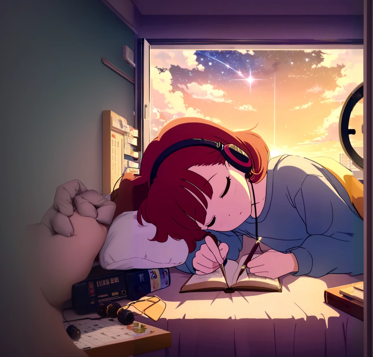 lofi,music,home,girl,headphone, the anime one,midnaight,tokyo,Altocumulus,brownred hair,sleep,white bed,simple home,rolling cute cat,earring,good study,80&#39;s,many books,home wear,shooting star,high resolution,1080P,Beautiful girl,studying