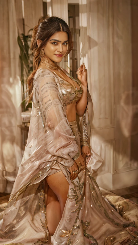 night scene, extreme close up photo of sexy indian, big cheeks, hourglass figure, swooping enormous breasts, deep cleavage, with both hands on head, showing smooth amrpits,ponytail, necklace, white and gold see through strapless tiny bra, look at viewer and subtle smile, (cinematic:1.3), intricate details, (ArtStation:1.2)