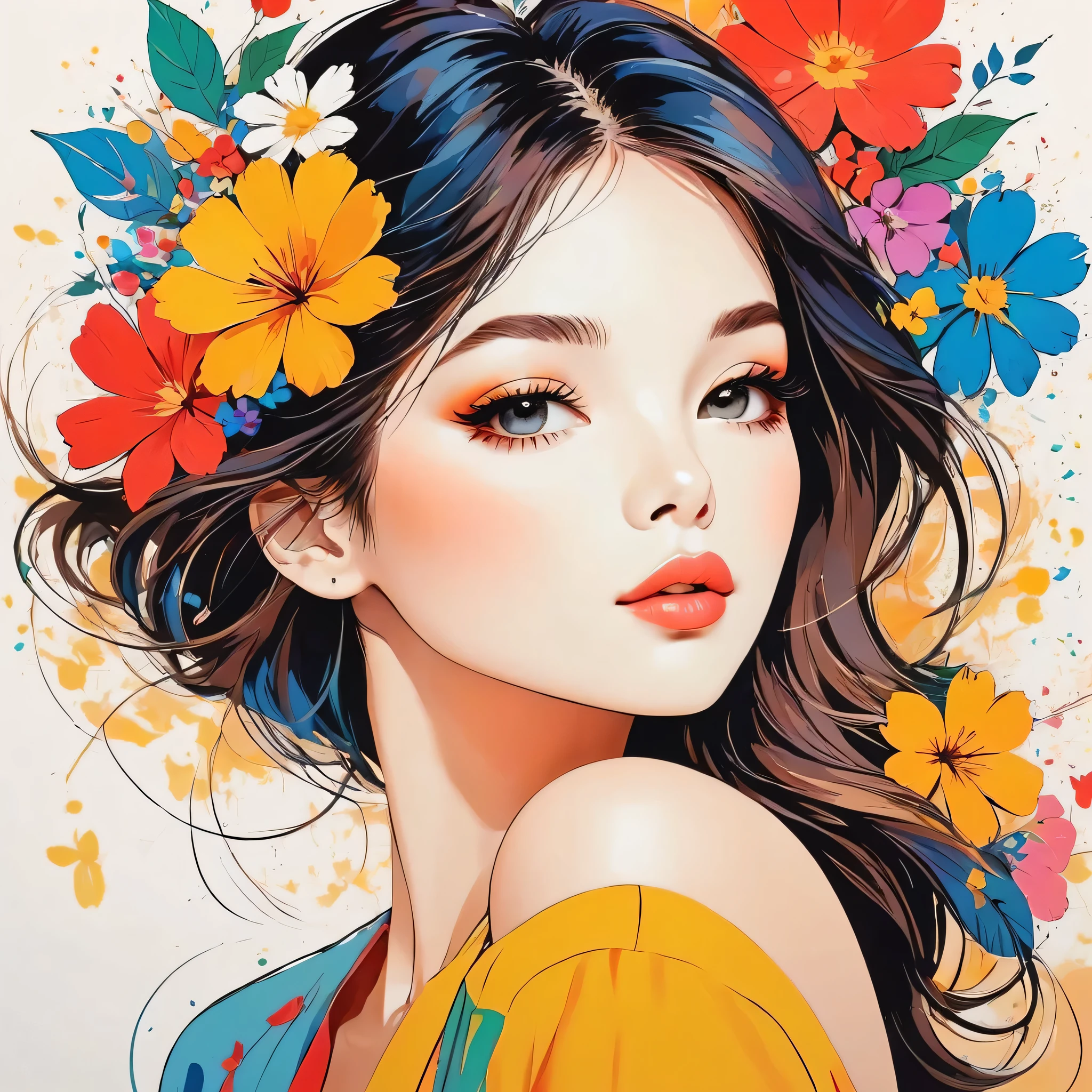 Mika Pikazo style, Simple Line Initialism，Abstract art，Urban Background, colorful flowers ,(((The most beautiful girl of all time))), Sweet face., Lips in love