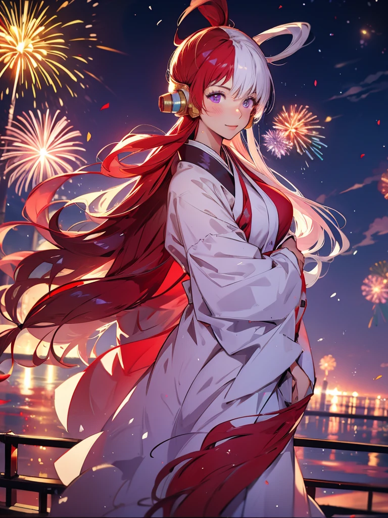 Uta, kimono night in  firework , red white haired, purple eyes