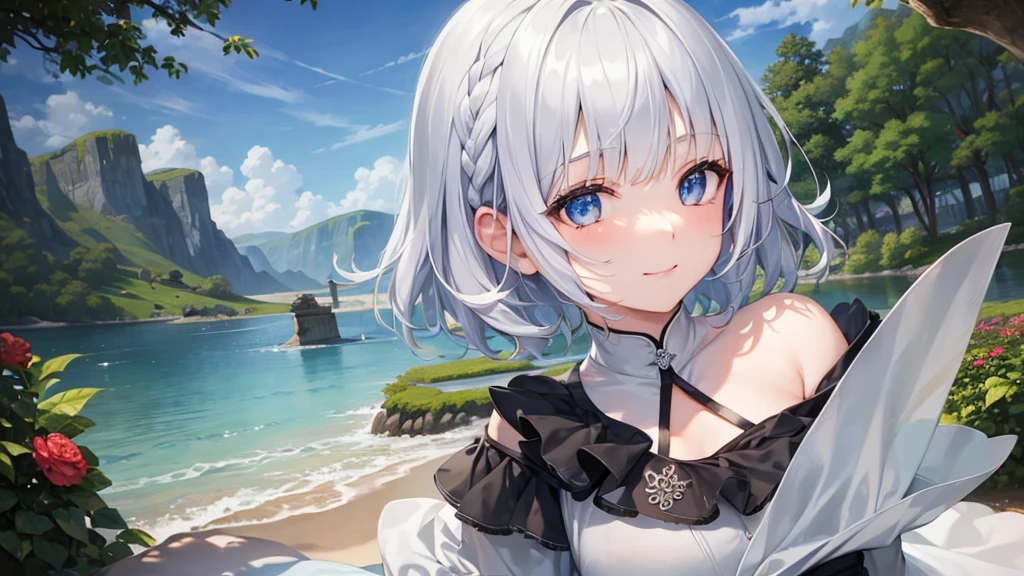 Ultra HD,Look at the viewers, Put your hands behind your back, With a girl, 20-year-old, 非常にShort Hair, Long bangs between the eyes, Pale blue eyes,  Very detailed,(masterpiece、Highest quality),Gray Hair、Laughter、Fantastic, Silver Hair, Iris,  Short hair、 Fluttering Hair、Small Face、明るいsmile、(Detailed face) ,Professional Lighting,Wonderful landscape,blue sky, sunlight,Looking down from above,Portraiture、Open your mouth、Flower Field、Her eyes were shining、Mysterious and enchanting atmosphere。With AI Painting、とてもShort Hair, Long bangs between the eyes, Very detailed,(masterpiece、Highest quality)、alone、Gray Hair、Fantasy, Silver Hair, Fantasyな風景、White shirt、smile、Open your mouth、short hair、Short Hair、hairpin、black eye、Grey Eyes、Beautiful Eyes、