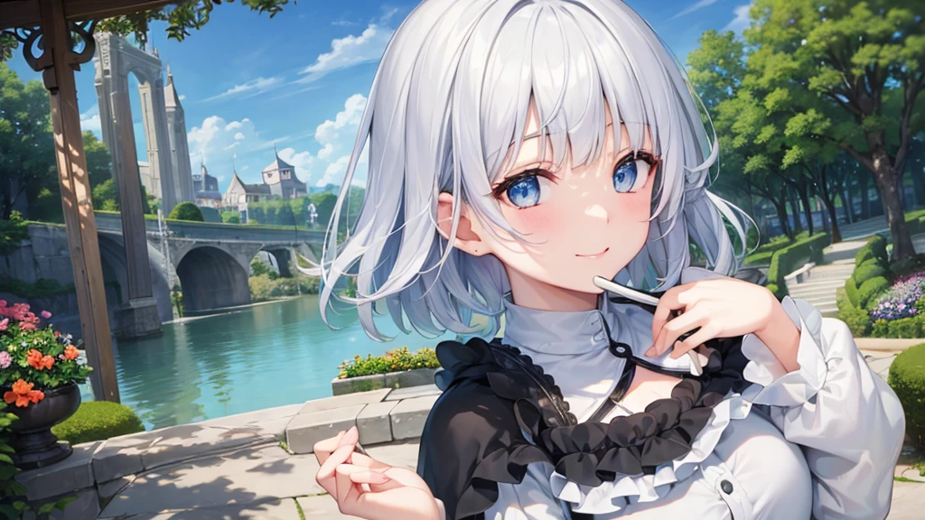Ultra HD,Look at the viewers, Put your hands behind your back, With a girl, 20-year-old, 非常にShort Hair, Long bangs between the eyes, Pale blue eyes, Very detailed,(masterpiece、Highest quality),Gray Hair、Laughter、Fantastic, Silver Hair, Iris, Short hair、 Fluttering Hair、Small Face、明るいsmile、(Detailed face) ,Professional Lighting,Wonderful landscape,blue sky, sunlight,Looking down from above,Portraiture、Open your mouth、Flower Field、Her eyes were shining、Mysterious and enchanting atmosphere。With AI Painting、とてもShort Hair, Long bangs between the eyes, Very detailed,(masterpiece、Highest quality)、alone、Gray Hair、Fantasy, Silver Hair, Fantasyな風景、White shirt、smile、Open your mouth、short hair、Short Hair、hairpin、black eye、Grey Eyes、Beautiful Eyes、