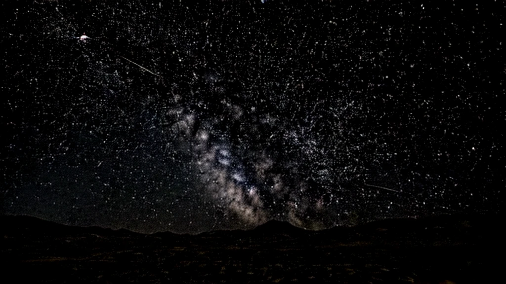 arafed view of a desert with a few stars in the sky, night sky with many meteorites, shooting star in background, perseides meteor shower, meteors are falling from the sky, sky strewn with stars, meteor shower, on a clear magnificent night sky, starry sky in background, meteors falling, stars in the sky above