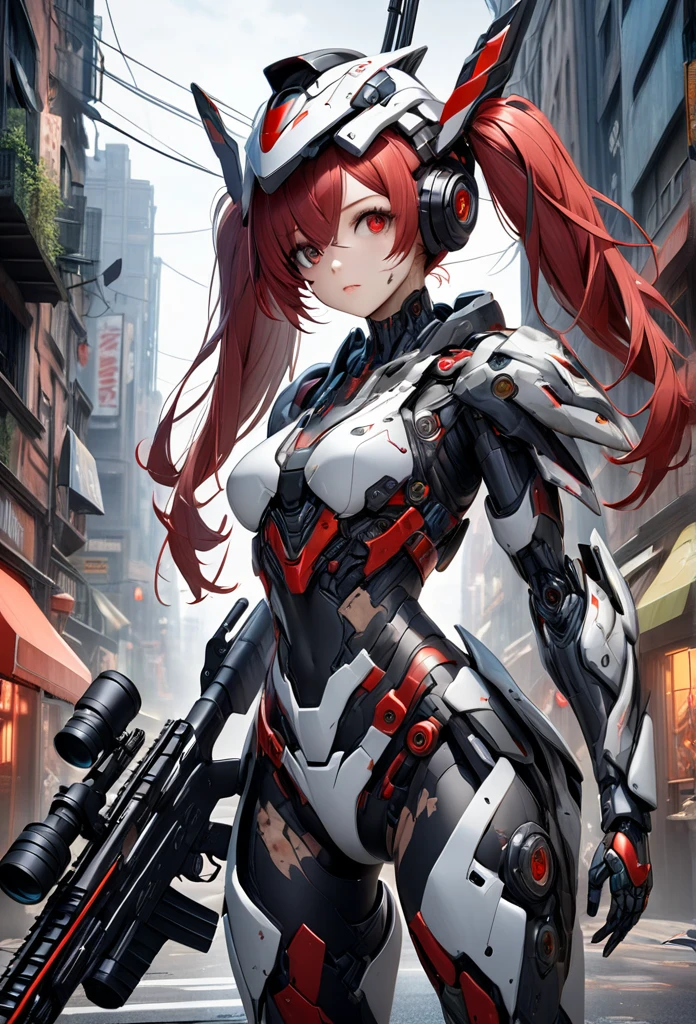 3D digital art from the fantasy world, 1girl, robot girl, red hair, twin tails, red eyes, white and gray camouflage clothing, she wearing flashy robot armor, (holding an urban camouflage long range rifle:1.5), a robot-like helmet on the head, scouter in one eye, the skin on half of the face has peeled off, the base of the cyborg is visible, face full of scars,(full body view),realistic and surreal depictions,High resolution, high precision images, 4k, 8k, best quality, hyper-detailed,  intricate details, cinematic lighting, dramatic colors, concept art style