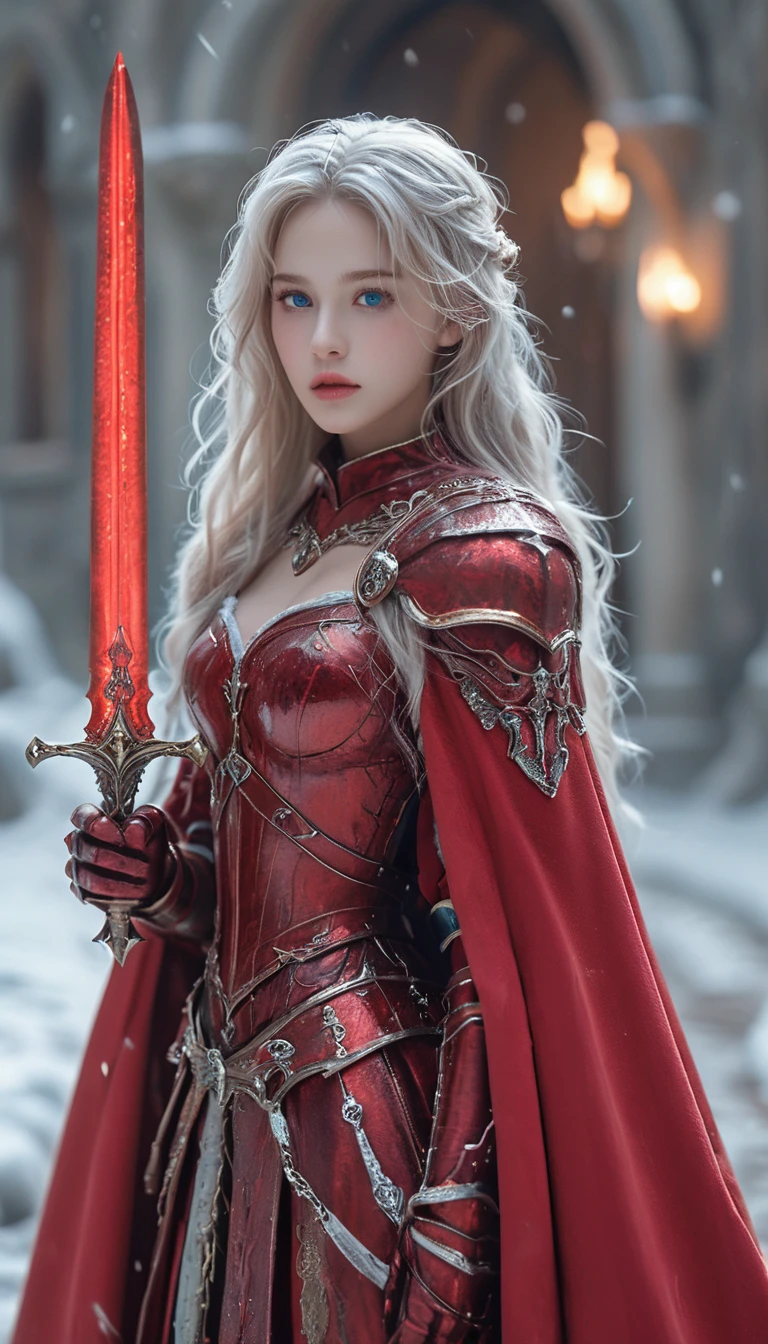 excellent quality, masterpiece, best quality, Ultra Detailed, Extremely detailed, Ultra HD, beautiful girl, Perfect anatomical structure, Perfect body, Model, Fashion pose, Wearing full magical red armor and red cape, Holding a crystal sword, Snowy medieval road, (random color:1.4),
Long hair, Various hairstyles, White hair, blue eyes, Glowing eyes,
Extremely detailed, hkstyle