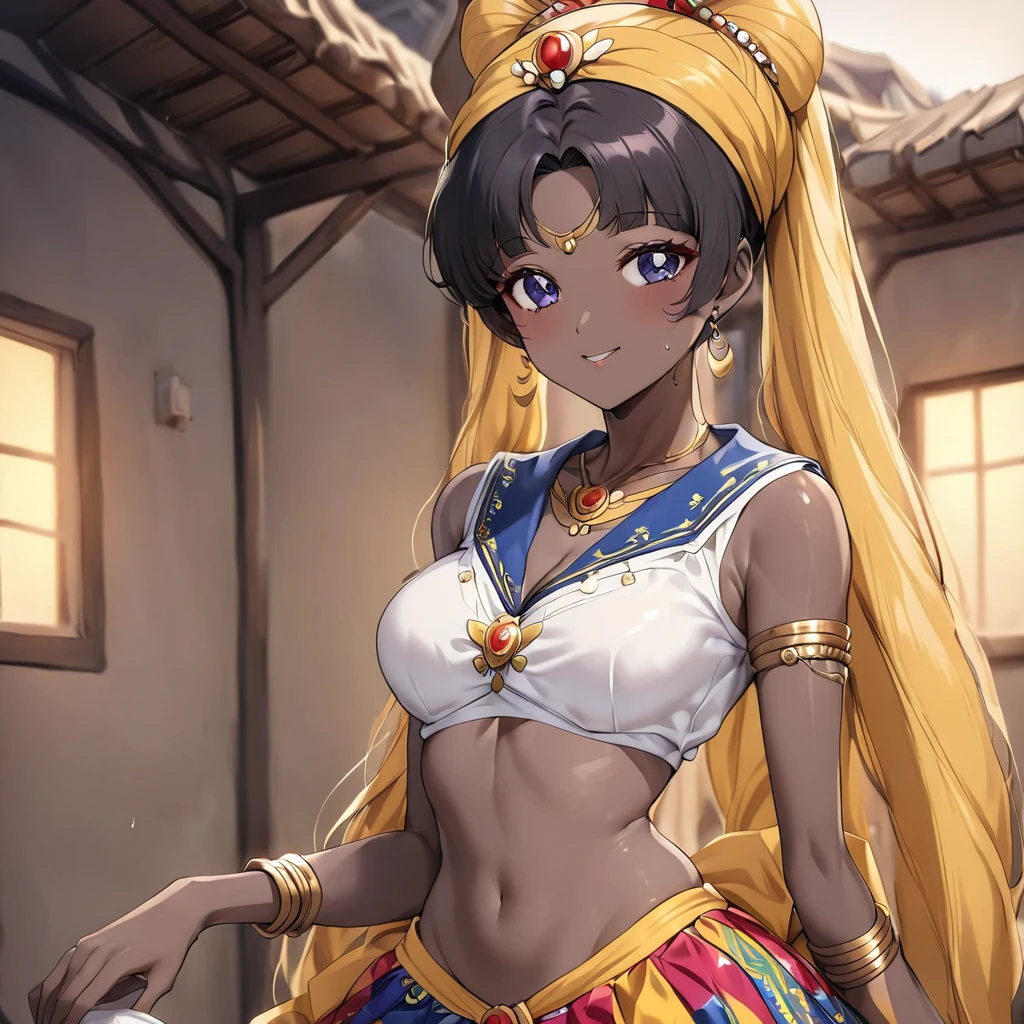 ((Highest quality)), ((masterpiece)), (detailed), (Perfect Face)、The woman is in a village in Ghana, together with other village girls, having fun having sex with the men in the village.、The woman is a Ghanaian born Tsukino Usagi with a vivid dark skin, black by birth, and is wearing a colorful Ghanaian dress from a Ghanaian village, a colorful turban head scarf, gorgeous jeweled accessories, and an engagement ring.、The woman is the elegant Tsukino Usagi, with her short black afro hair tied up in a Ghana braid, wearing a colorful Ghanaian dress and a colorful turban head scarf, with vibrant dark brown skin, a natural-born black person, and a natural-born Ghanaian, Tsukino Usagi.、(The woman is a black Ghanaian with vivid dark brown skin.)、The woman is in a village in Ghana, together with other village girls, having fun having sex with the men in the village.