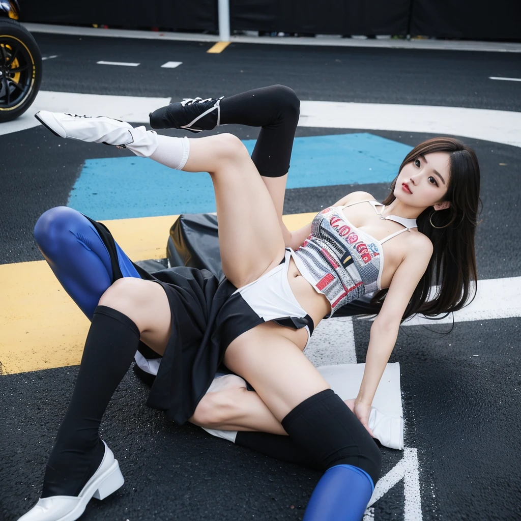 Super detailed photos、Detailed face、Lip gloss、Cool woman、Colorful costumes、F1 Driver Cosplay、Colorful costumes、Clothing with company logo、Grid Girlsのカラフルで派手な衣装、Grid Girls、Perfect Face、Paddock Girls、Harem、motor Show、tights、Bodycon Costumes、Grid Girls、Russia、Grid Girlsのコスプレ、belly button、Pleated skirt、Bodycon Costumes、Legs open pose、Spread your legs to show your crotch