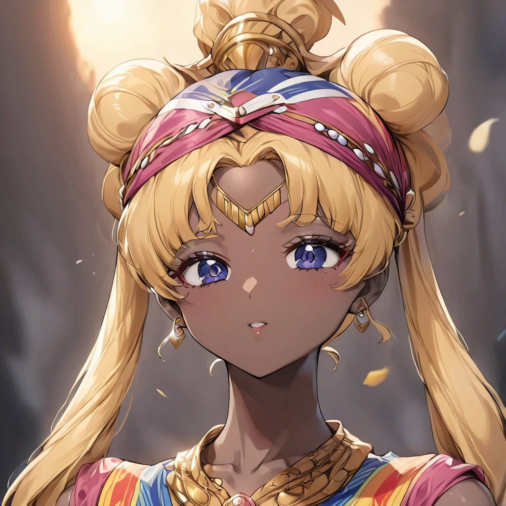 ((Highest quality)), ((masterpiece)), (detailed), （Perfect Face）、The woman is a Ghanaian born Tsukino Usagi with a vivid dark skin, black by birth, and is wearing a colorful Ghanaian dress from a Ghanaian village, a colorful turban head scarf, gorgeous jeweled accessories, and an engagement ring.、The woman is the elegant Tsukino Usagi, with short, black afro-like hair and natural curls, wearing a colorful Ghanaian dress and a colorful turban headscarf, with vivid dark brown skin, and is a natural black and Ghanaian by birth.、（The woman is a black Ghanaian with vivid dark brown skin.）、The woman is spending time with other village girls in her village in Ghana.