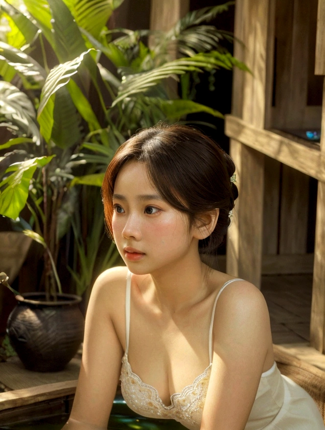1girl, full body, cinematic lighting, beautiful detailed eyes, beautiful detailed lips, extremely detailed intricate face, delicate features, glowing skin, chiang mai background, serene expression, elegant pose, detailed flower garden, lush foliage, sunlight filtering through trees, warm color tones, photorealistic, (best quality,4k,8k,highres,masterpiece:1.2),ultra-detailed,(realistic,photorealistic,photo-realistic:1.37),vibrant colors,soft focus,dramatic lighting