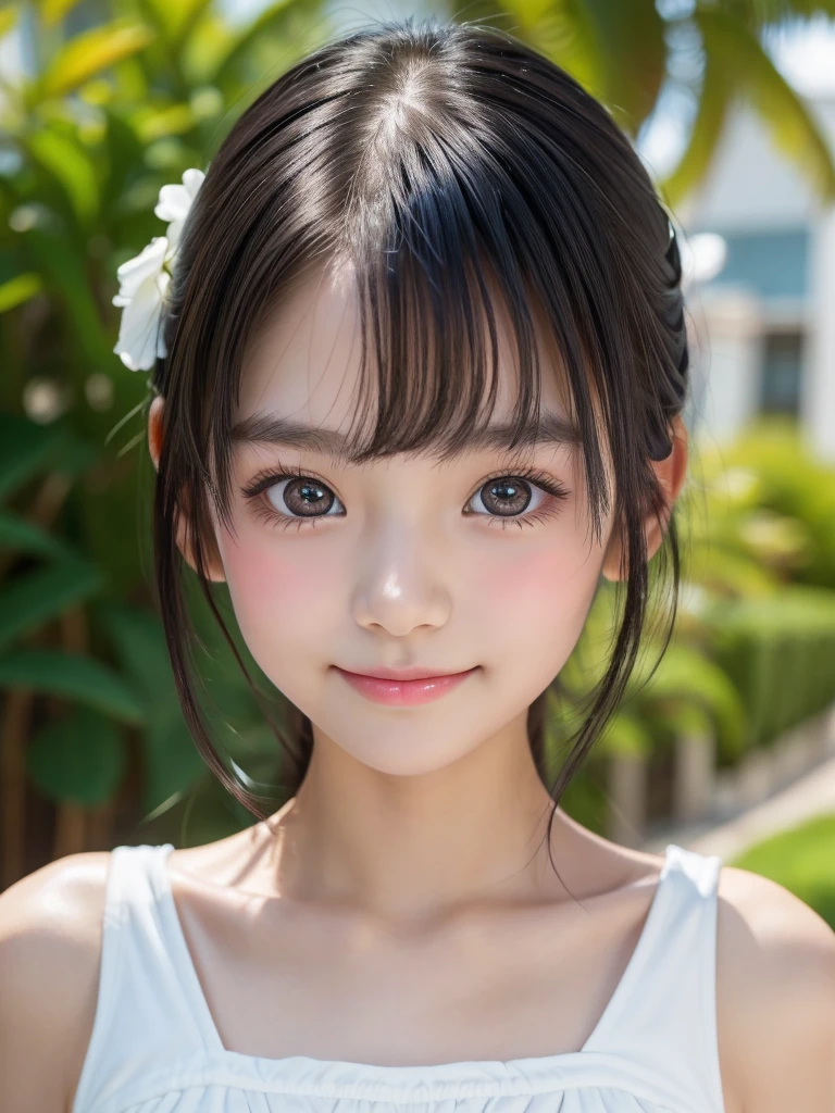 One Girl,Very cute girl at ,Big eyes:0.5,The face is facing straight ahead,Body facing forward,Beautiful nose,Fuller lips,Short black hair,ponytail,Detailed eyelashes,Thin eyebrows,Symmetrical eyes,Face close-up,White swimsuit,Portrait,View Viewer, half smile:0.5,