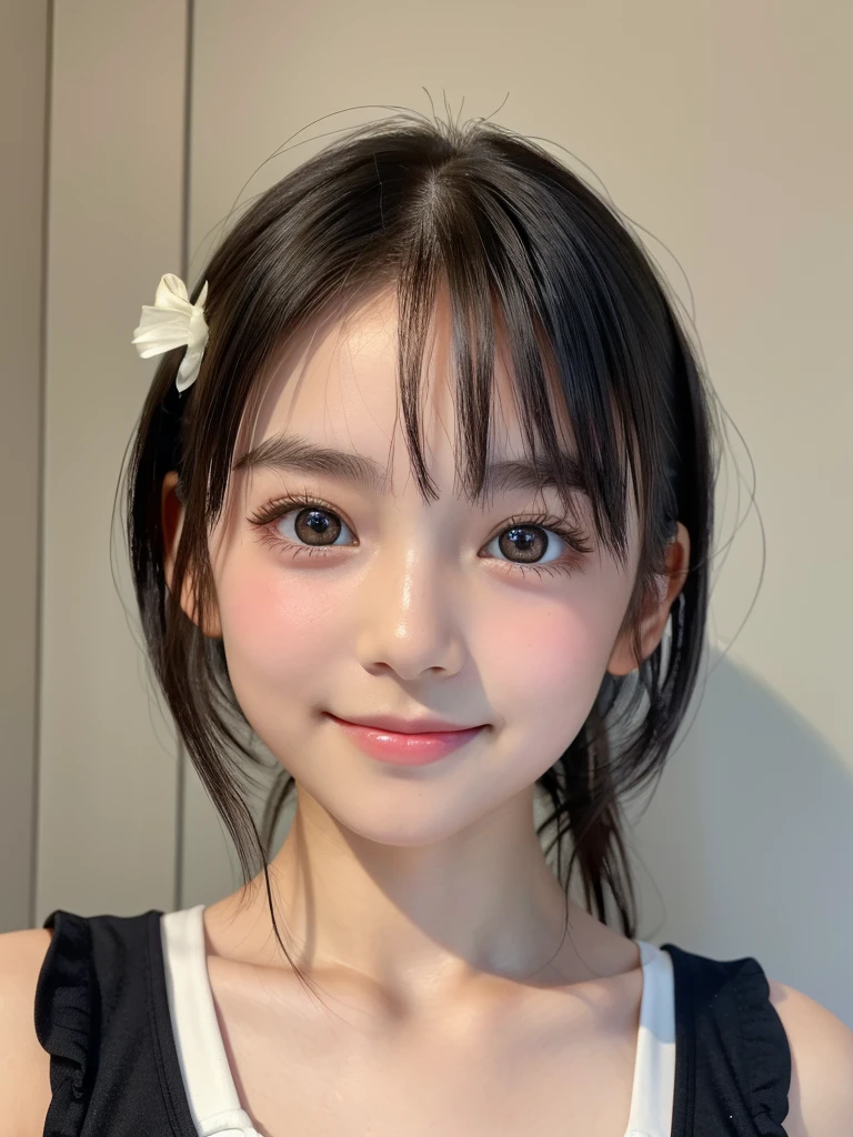 One Girl，Very cute girl ，Big eyes:0.5，The face is facing straight ahead，Body facing forward，Beautiful nose，Fuller lips，Short black hair，ponytail，Detailed eyelashes，Thin eyebrows，Symmetrical eyes，Face close-up，White swimsuit，Portrait，View Viewer, half smile:0.5,