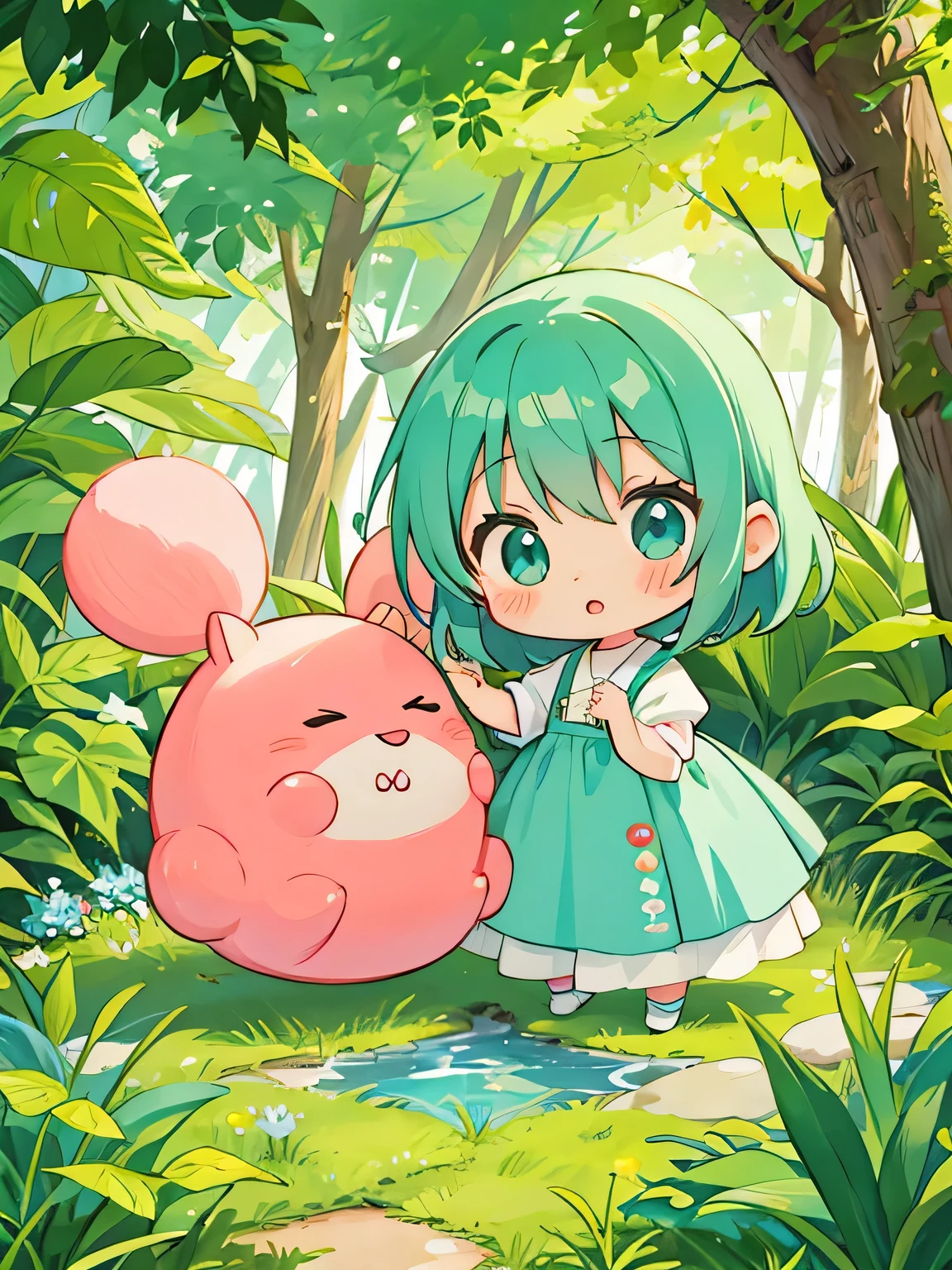 watase Seizo style, Kawaii Design, The most beautiful girl of all time、Chibi, play together、Colorful and cute forest animals