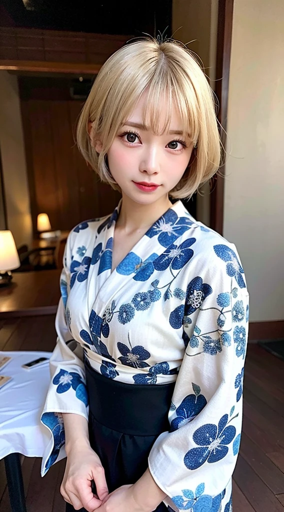 (8K, RAW Photos:1.2), Detailed face and eyes,最high quality, Ultra-high resolution, Very detailed ,Intricate details ,Tabletop ,pretty girl , Soft cinematic light, Hyper Detail,Sharp focus, high quality, Blonde, Bobcut, yukata,  outside, Browsing Caution, Tie your hair back