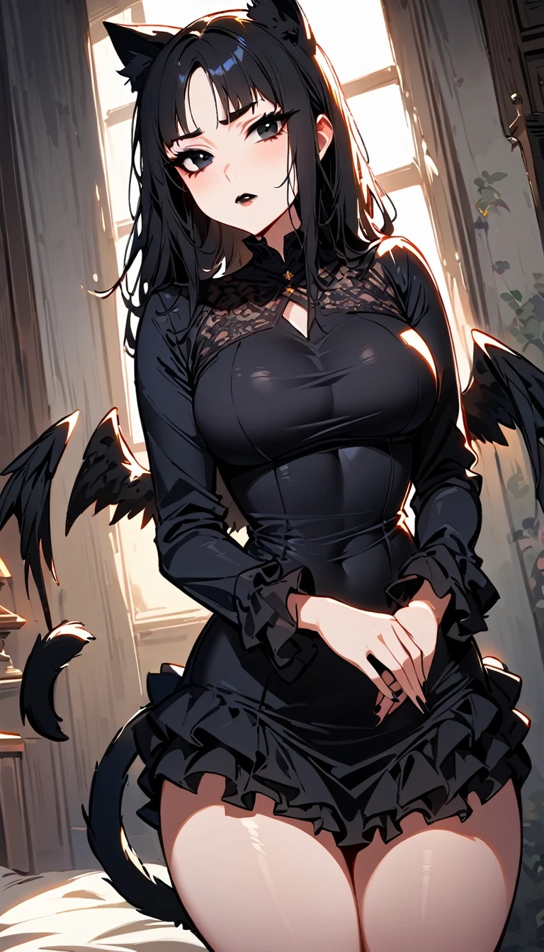 (high quality, 8k, 4K, high contrast, artwork:1.2, high quality, best aesthetics), ((1 woman)), erotic, sensual, mature body, super detailed, beautiful face detailed, beautiful eyes detailed, detailed beautiful mouth, perfect breasts, wide thighs, sexy body, (long straight black hair), (black eyes), (black lipstick), (black eyeliner), (black eyeshadow), (calm expression), (penetrating gaze), (black angel wings), (black cat ears), (black cat tail), (short black dress with short ruffled skirt and long sleeves), (centered), (looking at viewer), (standing), (inside a bedroom).
