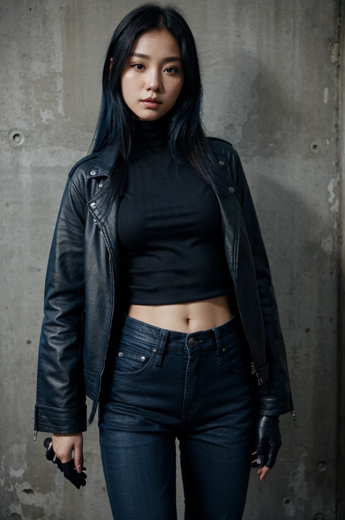 Long blue Korean girl, black leather jacket, black gloves, blue jeans trouser