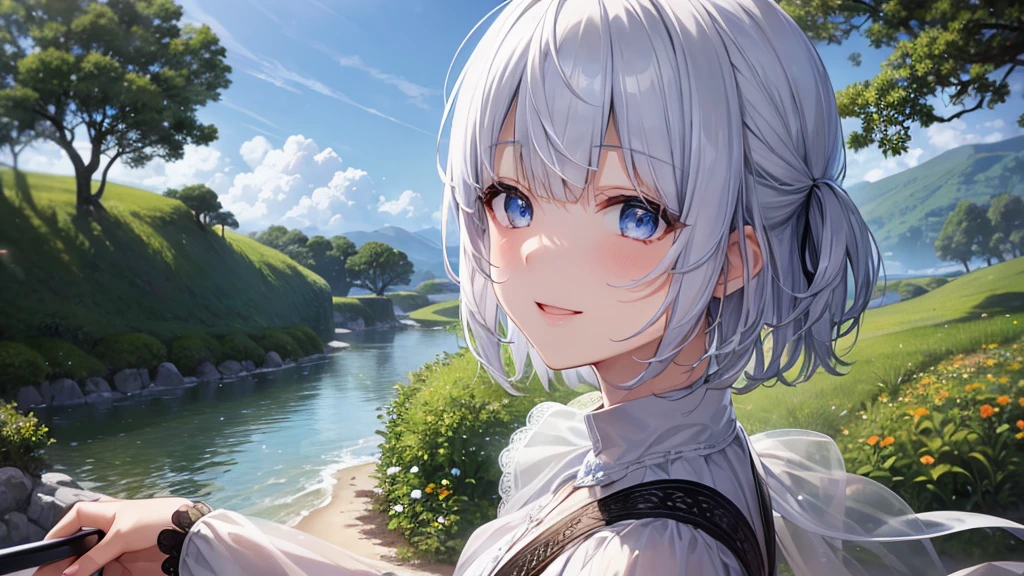 Ultra HD,Look at the viewers, Put your hands behind your back, With a girl, 20-year-old, 非常にShort Hair, Long bangs between the eyes, Pale blue eyes, Very detailed,(masterpiece、Highest quality),Gray Hair、Laughter、Fantastic, Silver Hair, Iris, Short hair、 Fluttering Hair、Small Face、明るいsmile、(Detailed face) ,Professional Lighting,Wonderful landscape,blue sky, sunlight,Looking down from above,Portraiture、Open your mouth、Flower Field、Her eyes were shining、Mysterious and enchanting atmosphere。With AI Painting、とてもShort Hair, Long bangs between the eyes, Very detailed,(masterpiece、Highest quality)、alone、Gray Hair、Fantasy, Silver Hair, Fantasyな風景、White shirt、smile、Open your mouth、short hair、Short Hair、hairpin、black eye、Grey Eyes、Beautiful Eyes、