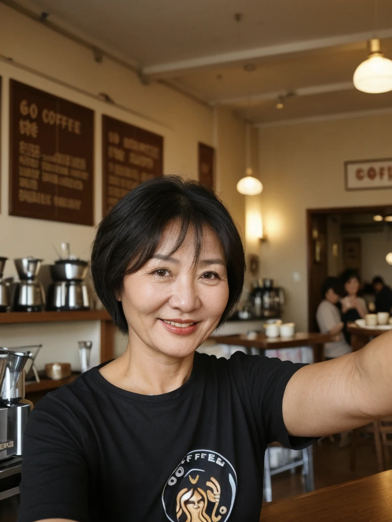 Bolormaa, black short hair, Mongolian woman, ((50-year-old)), (Mongolian skin), (Mongolian eyes), (Mongolian nose), (Mongolian lips), (Mongolian standard face), ordinary Mongolian woman, smiling, hair bobbles, deep eyes, consistent image, ((upper body and upper legs)), wearing a shirt, (((selfie))), (((inside coffee shop indoor)))