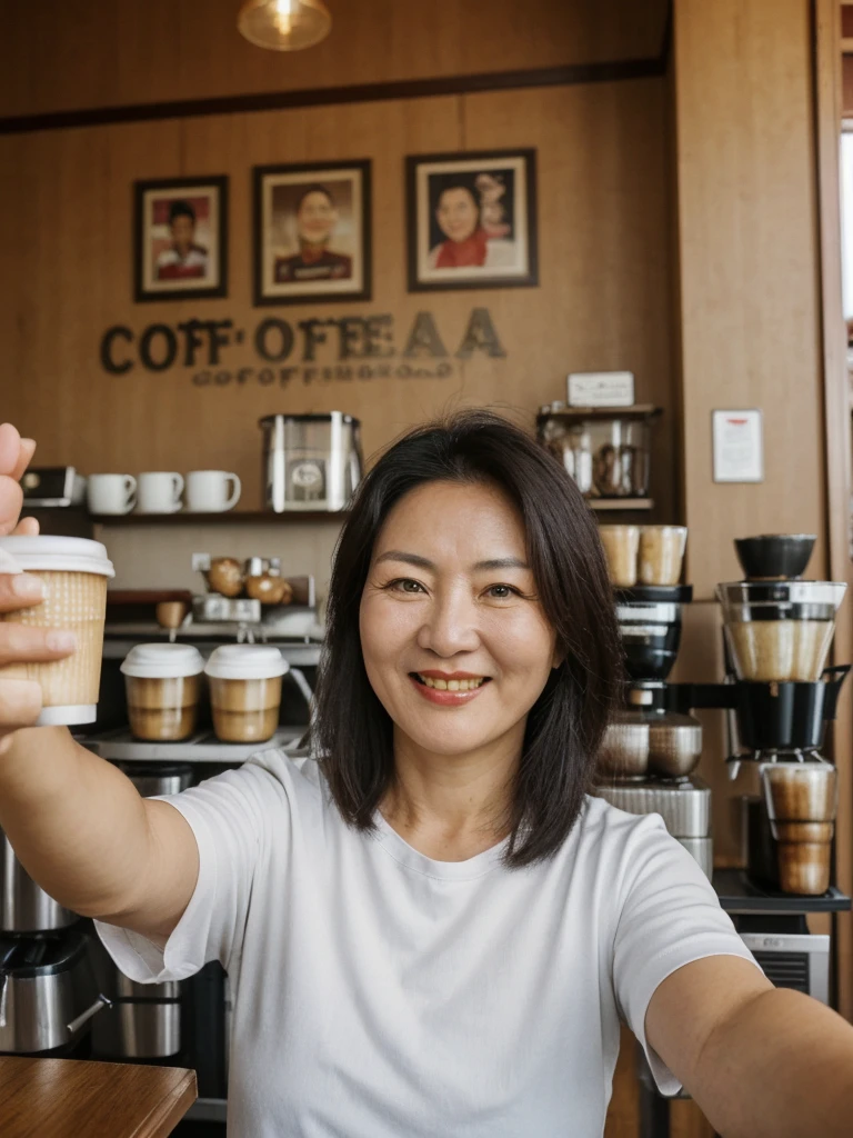 Bolormaa, black short hair, Mongolian woman, ((50-year-old)), (Mongolian skin), (Mongolian eyes), (Mongolian nose), (Mongolian lips), (Mongolian standard face), ordinary Mongolian woman, smiling, hair bobbles, deep eyes, consistent image, ((upper body and upper legs)), wearing a shirt, (((selfie))), (((inside coffee shop indoor)))