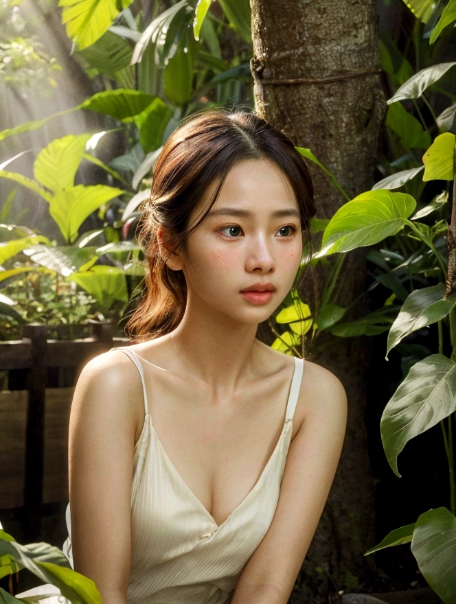 1girl, full body, cinematic lighting, beautiful detailed eyes, beautiful detailed lips, extremely detailed intricate face, delicate features, glowing skin, chiang mai background, serene expression, elegant pose, detailed flower garden, lush foliage, sunlight filtering through trees, warm color tones, photorealistic, (best quality,4k,8k,highres,masterpiece:1.2),ultra-detailed,(realistic,photorealistic,photo-realistic:1.37),vibrant colors,soft focus,dramatic lighting