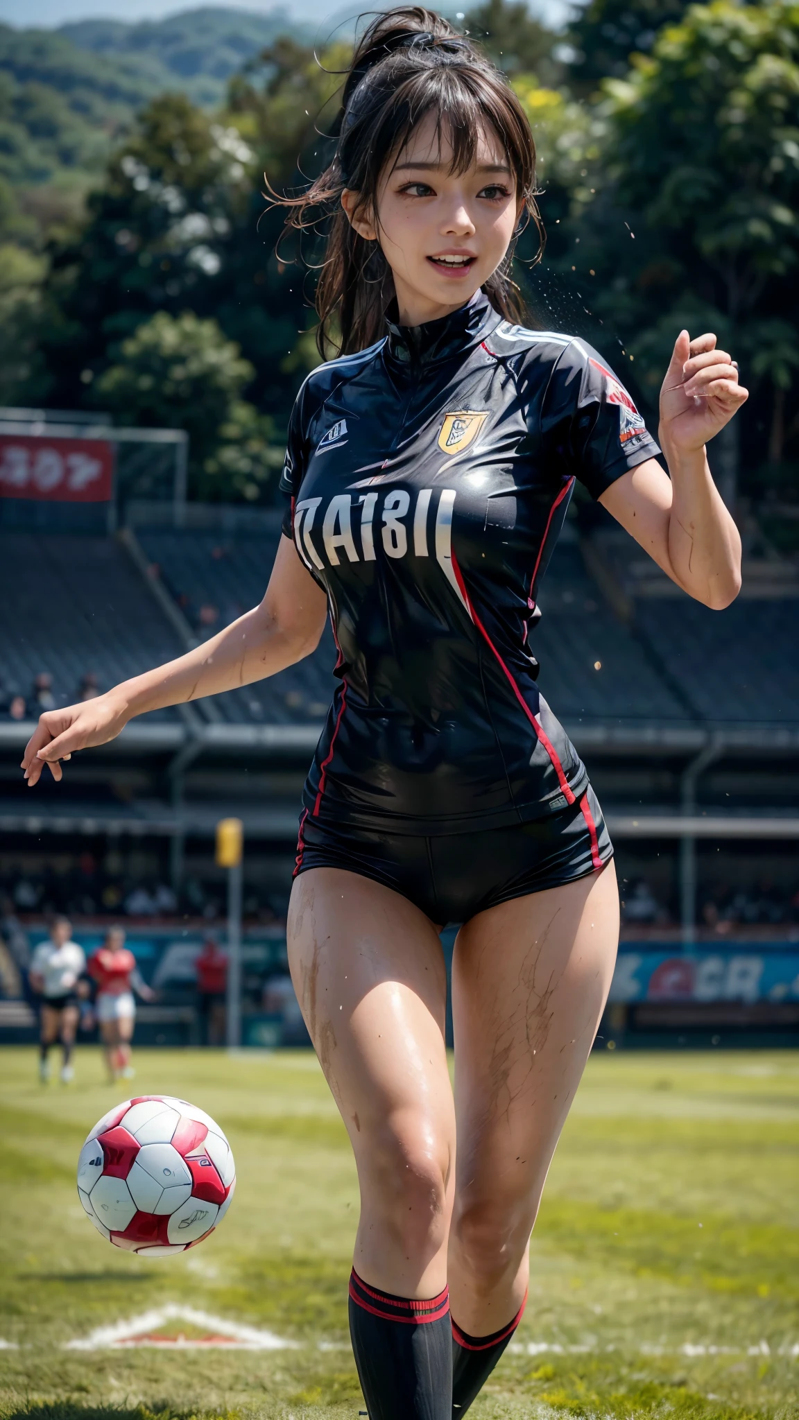 Highest quality, High resolution:1.2, Very detailed, Realistic:1.3, ((Beautiful woman))、((Super tight uniform))、((Super big breasts))、(The abdomen is visible)、Vibrant colors, play soccer,((Blunt bangs))、Various Hair Styles、Different hair colors、With bangs、Wet Hair, concentrate, splash, Action Shots, Grass blotches, Muddy ground, Wet turf, decide, Fast-paced games, Athletic physique, Shiny soccer ball, Wet Uniform, raindrop, Blurred motion, ボールにconcentrateする, Intense competition, Skillful dribbling, Energetic play, Teamwork, powerful shoots, Wet pitch, Passionate sports, Fierce decide, Humid atmosphere, Fluid movement, emotional expression、Dramatic lighting, Women's Sports, Avid athletes, Exciting Games, Endure, Excited state, Speed and agility, Energetic play, 濡れたsplash、smile、Red Uniform