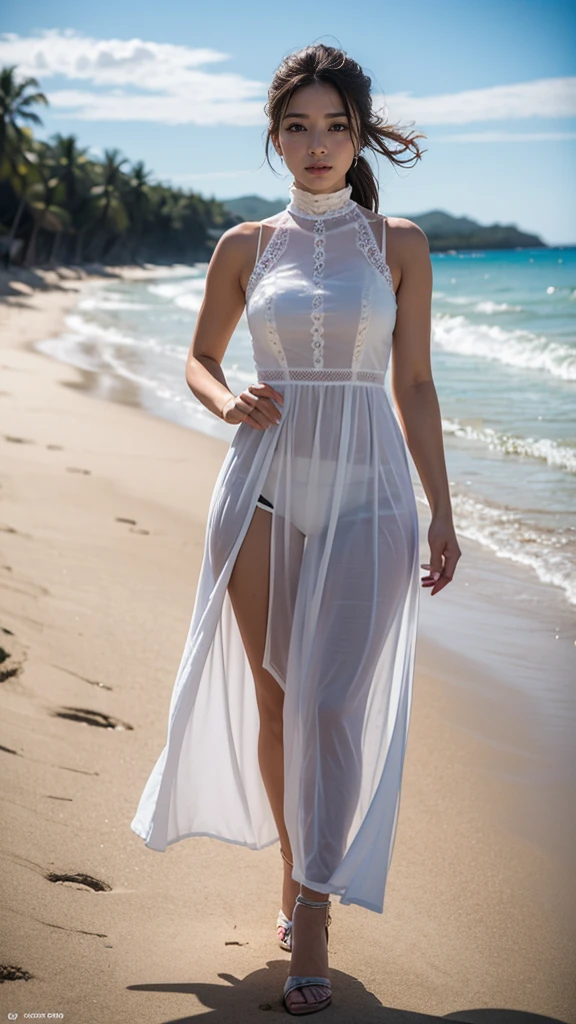 gorgeous young colombianwoman, posing on the beach, wearing modest a high-neck dress, full body, beautiful face, masterpiece, best quality, ultra-detailed, solo, shadows, contrast, cinematic light, side lighting, ultra high resolution, best shadow, RAW, 4k, 85 mm, poca profundidad de campo, Kodak Vision Color, estremadamente detailado, Cinematographer_\(ultra\), photorealistic, Realstic, Postproceso, Maximum details, aspereza, vida real, ultra realista, fotorreallsmo, Cinematographer, 8k UHD, Cinematographer