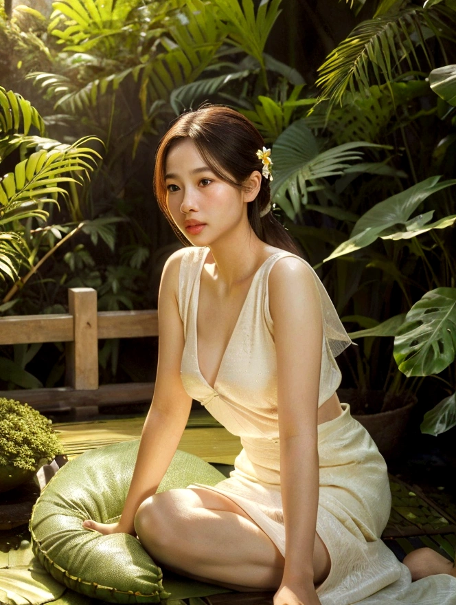 1girl, full body, cinematic lighting, beautiful detailed eyes, beautiful detailed lips, extremely detailed intricate face, delicate features, glowing skin, chiang mai background, serene expression, elegant pose, detailed flower garden, lush foliage, sunlight filtering through trees, warm color tones, photorealistic, (best quality,4k,8k,highres,masterpiece:1.2),ultra-detailed,(realistic,photorealistic,photo-realistic:1.37),vibrant colors,soft focus,dramatic lighting