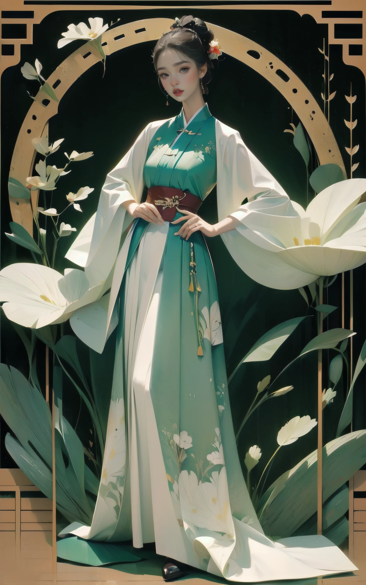 ((masterpiece)), (best quality), (the work), Art Nouveau watercolor painting , Moon goddess in hanfu , small breasts,revealing multilayered and modern kimono, big eyes, long, thick eyelashes, plump lips, dark red eyes, hair long and thick, high ponytail, fit,delicious accompany, flowery_backdrop, Elaborate designs and patterns in the style of Alphonse Mucha.front-facing, a full body shot, that combines tradition and modernity