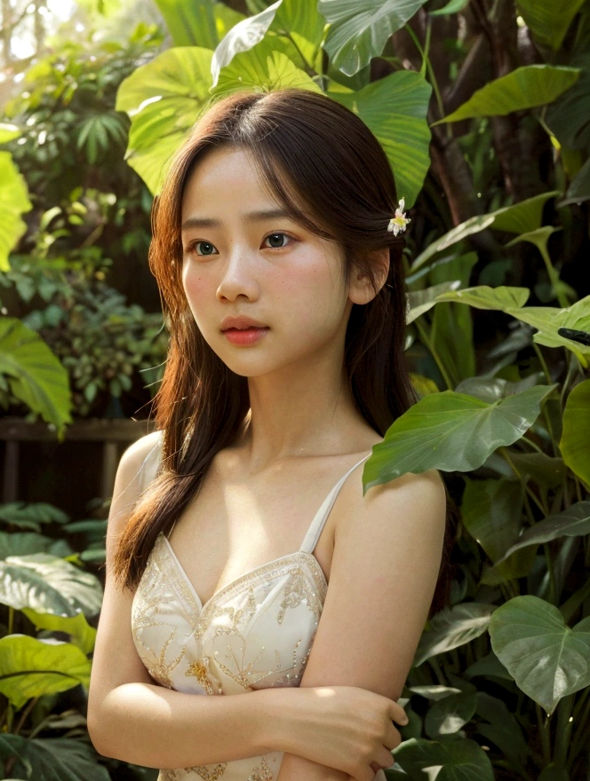 1girl, full body, cinematic lighting, beautiful detailed eyes, beautiful detailed lips, extremely detailed intricate face, delicate features, glowing skin, chiang mai background, serene expression, elegant pose, detailed flower garden, lush foliage, sunlight filtering through trees, warm color tones, photorealistic, (best quality,4k,8k,highres,masterpiece:1.2),ultra-detailed,(realistic,photorealistic,photo-realistic:1.37),vibrant colors,soft focus,dramatic lighting