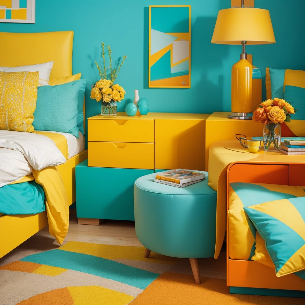 Use a bright, lively color palette with yellows, oranges and a touch of turquoise or blue to create a visually attractive and energetic contrast.