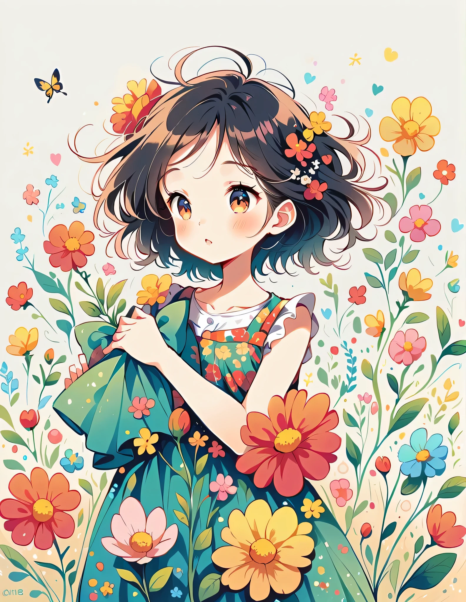 Black Star Red and White style, Simple Line Initialism,Abstract art,Urban Background, colorful hearts ,colorful flowers, (((The most beautiful girl of all time))), playing, Cute and colorful amoeba