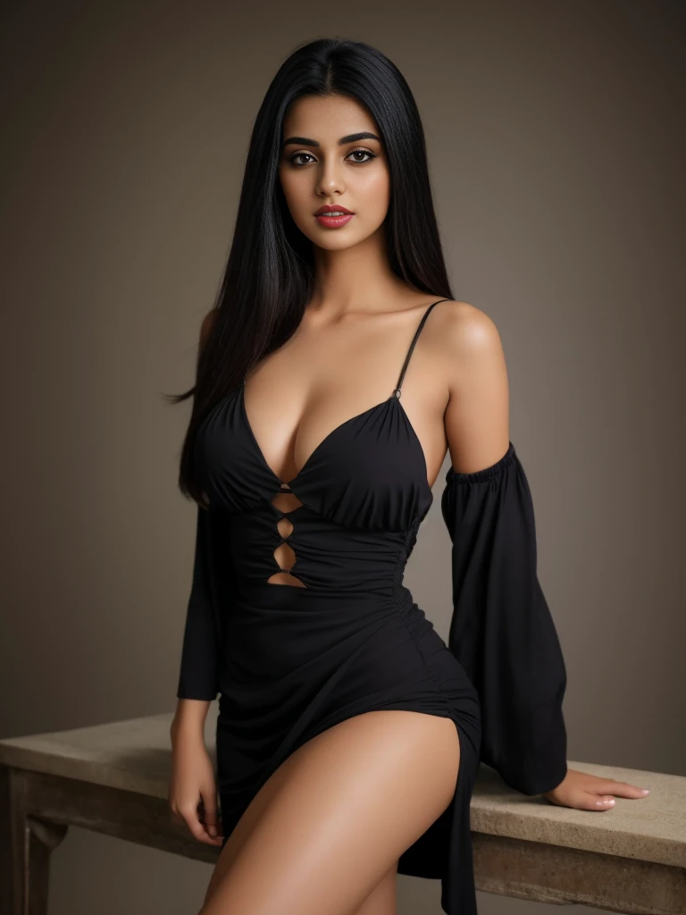 (Full body portrait:1.4), RAW UHD portrait full body photo of a 22-year-old Sri Lankan woman named Kasuni, long dark hair, dark skin, black eyes, athletic feminine features, DSLR, ultra quality, sharp focus, tack sharp, photorealistic, detailed skin pores, oiled skin, mid-sized breast, subtle tattoos on arms and thighs, intricate eye detail, sitting on a taller luxurious throne, inside a grand hotel, evening natural sunlight on face, full shoes, a vibrant Expensive necklace, colorful big wrist watch, tiny earrings, solid black color long party outfit.