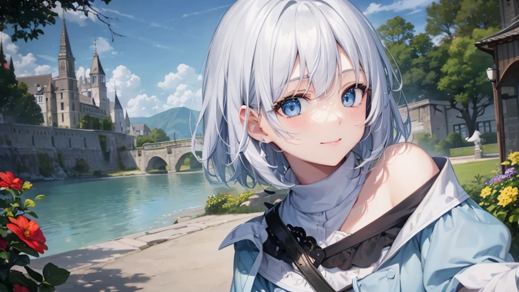 Ultra HD,Look at the viewers, Put your hands behind your back, With a girl, 20-year-old, 非常にShort Hair, Long bangs between the eyes, Pale blue eyes, Very detailed,(masterpiece、Highest quality),Gray Hair、Laughter、Fantastic, Silver Hair, Iris, Short hair、 Fluttering Hair、Small Face、明るいsmile、(Detailed face) ,Professional Lighting,Wonderful landscape,blue sky, sunlight,Looking down from above,Portraiture、Open your mouth、Flower Field、Her eyes were shining、Mysterious and enchanting atmosphere。With AI Painting、とてもShort Hair, Long bangs between the eyes, Very detailed,(masterpiece、Highest quality)、alone、Gray Hair、Fantasy, Silver Hair, Fantasyな風景、White shirt、smile、Open your mouth、short hair、Short Hair、hairpin、black eye、Grey Eyes、Beautiful Eyes、