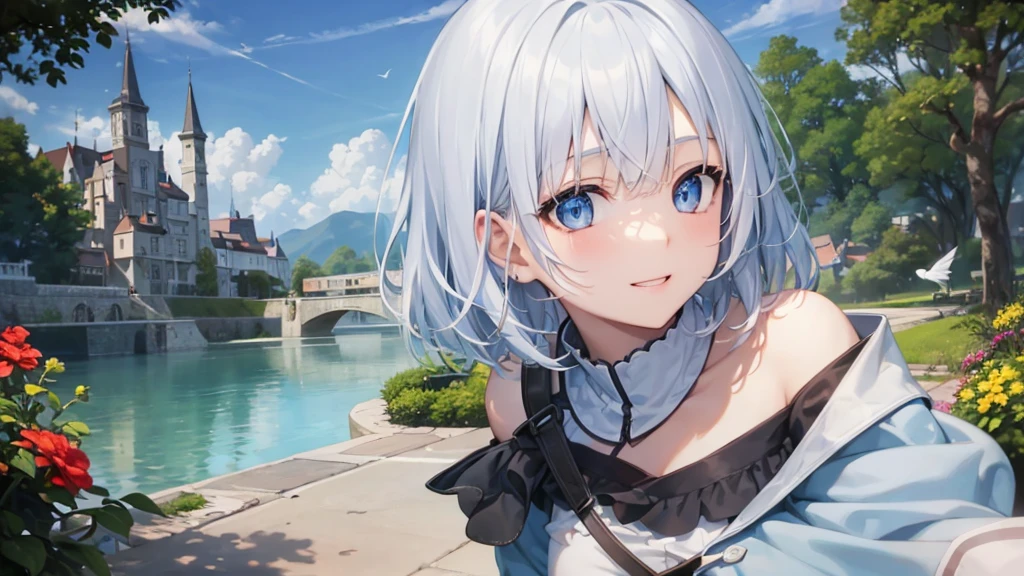Ultra HD,Look at the viewers, Put your hands behind your back, With a girl, 20-year-old, 非常にShort Hair, Long bangs between the eyes, Pale blue eyes,  Very detailed,(masterpiece、Highest quality),Gray Hair、Laughter、Fantastic, Silver Hair, Iris,  Short hair、 Fluttering Hair、Small Face、明るいsmile、(Detailed face) ,Professional Lighting,Wonderful landscape,blue sky, sunlight,Looking down from above,Portraiture、Open your mouth、Flower Field、Her eyes were shining、Mysterious and enchanting atmosphere。With AI Painting、とてもShort Hair, Long bangs between the eyes, Very detailed,(masterpiece、Highest quality)、alone、Gray Hair、Fantasy, Silver Hair, Fantasyな風景、White shirt、smile、Open your mouth、short hair、Short Hair、hairpin、black eye、Grey Eyes、Beautiful Eyes、