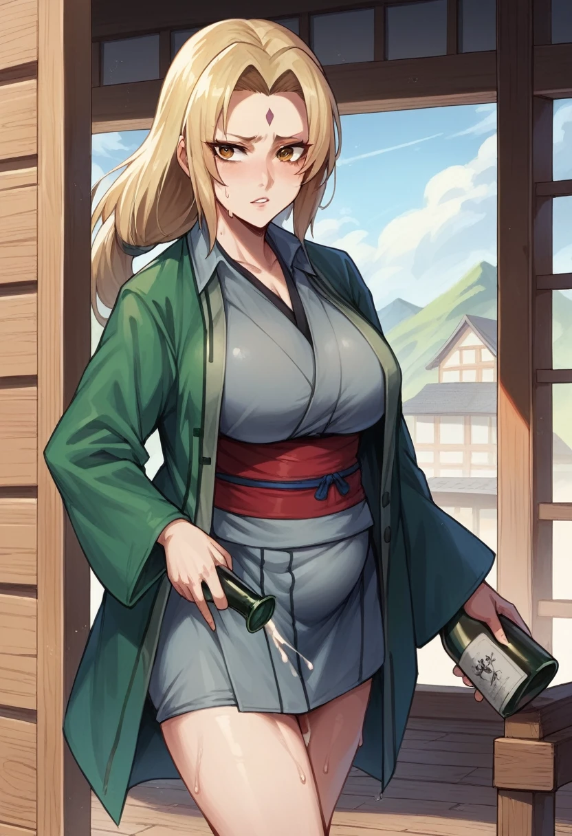 1 Girl, Tsunade, Yellow hair, Yellow eyes, Clothes green, Practical, Ultra Detailed, Super huge pregnant woman, Super huge pregnant belly, Extra big belly, Huge breasts, Huge breasts, Huge ass, Huge ass, Creampie, hyper Creampie, Wet sweat,Back,Flip hair,Holding a wine bottle,There are mountains in the distance