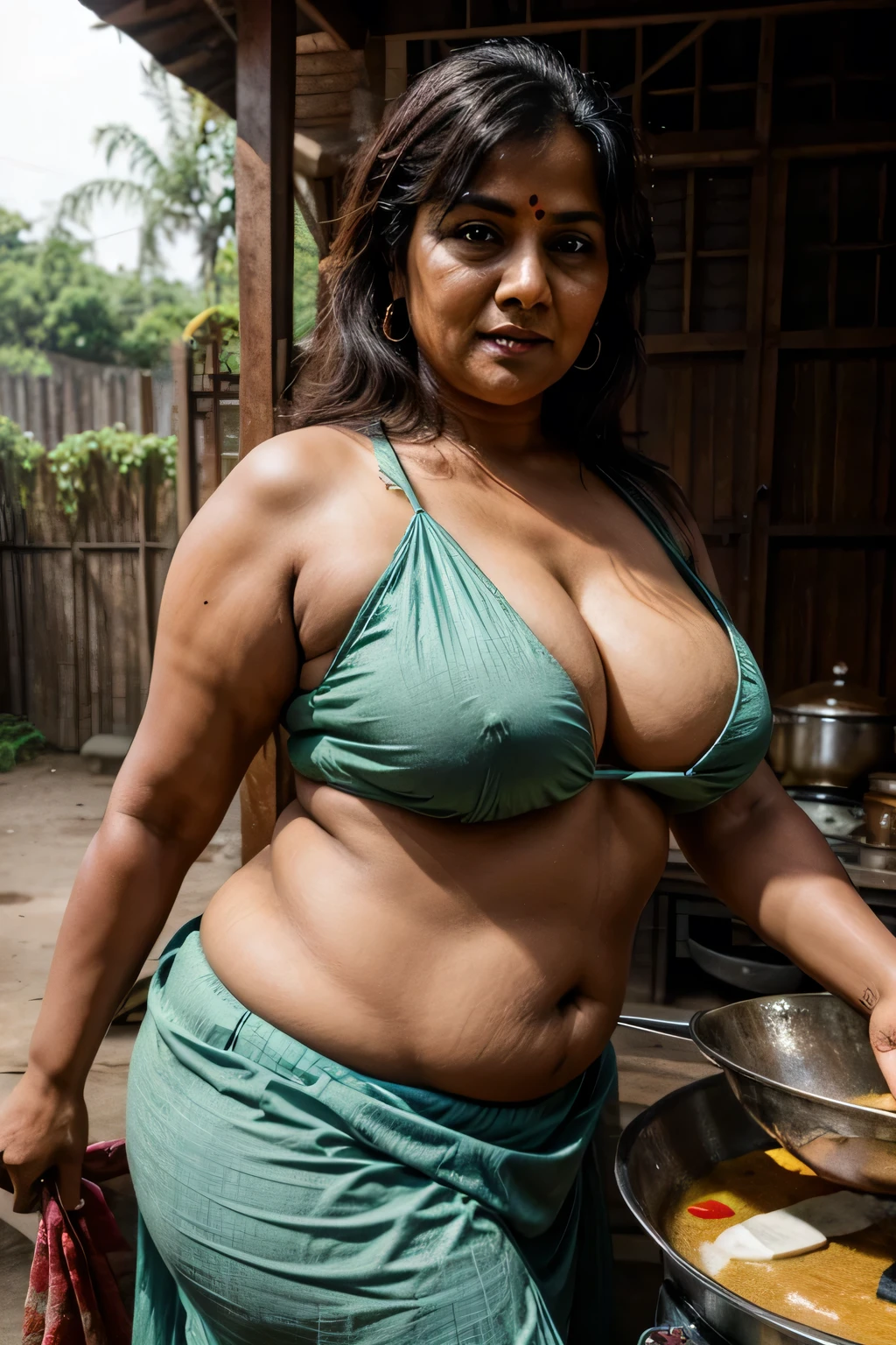 indian old aunty, very very very fat body, working in a village kitchen, wearing a sexy short saree, outdoor, posing a sexy photo while cooking, middle aged, beautiful face, very very big tits, outdoor village cooking