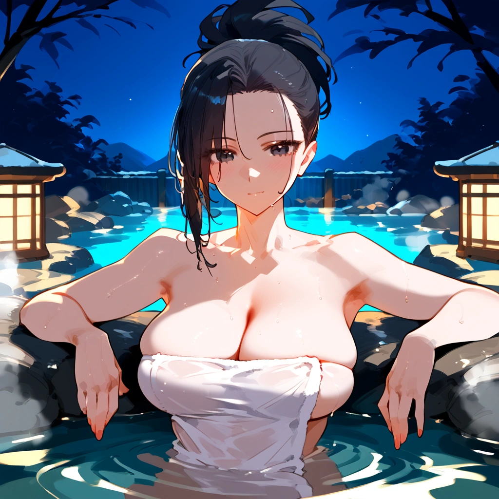 anime artwork, score_9, score_8_up, score_7_up, score_6_up, score_5_up, score_4_up, Momo Yaoyorozu, \\\\\\ big breasts, black eyes, she is 24 years old, style_3, floox style \\\\\ onsen, nude,naked, towel, solo,