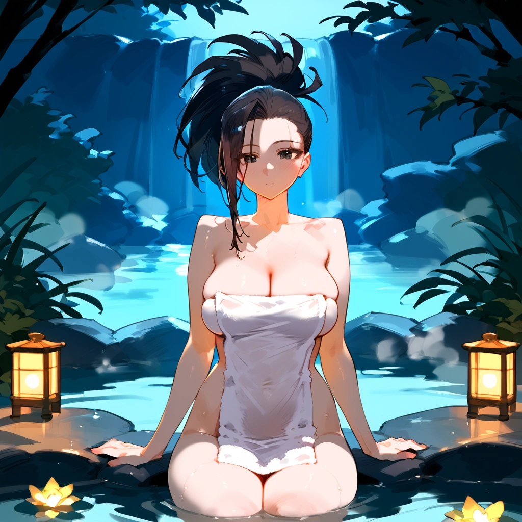 A woman wearing a white bath towel and headphones、Big Breasts、sexy、Moonlight、Unbuttoned、Downlight、full moon、Japanese-style open-air bath interior、Open-air bath in the forest、Butt、Beautiful buttocks、Plump、Sideboob、Half naked