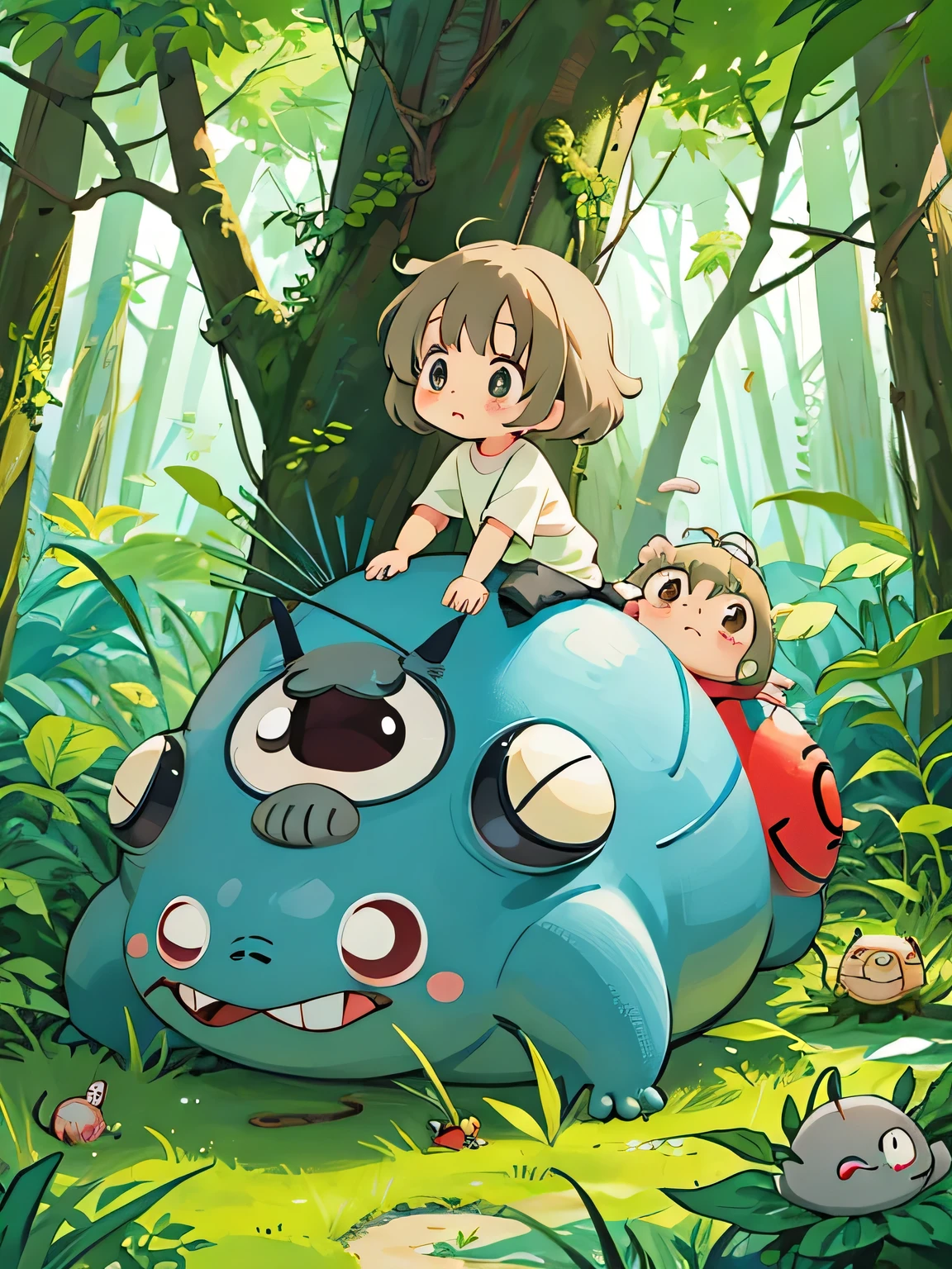 hayao miyazaki style, Kawaii Design, The most beautiful girl of all time、Chibi, Cute and colorful pillbugs、play together、Lots of pillbugs、Totoro Forest