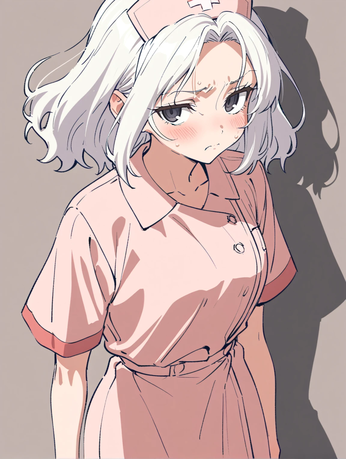 {{{sincos (sincos), girl, no human, waist-length}}}, 1 girl, nurse, wear a medical gown, waist-length, black eyes, tired face, weak facial expressions, hair gathered at the back of the head, hair ivory color, stands directly towards the viewer, looking at viewer. Fill the background with a small shadow from the character.